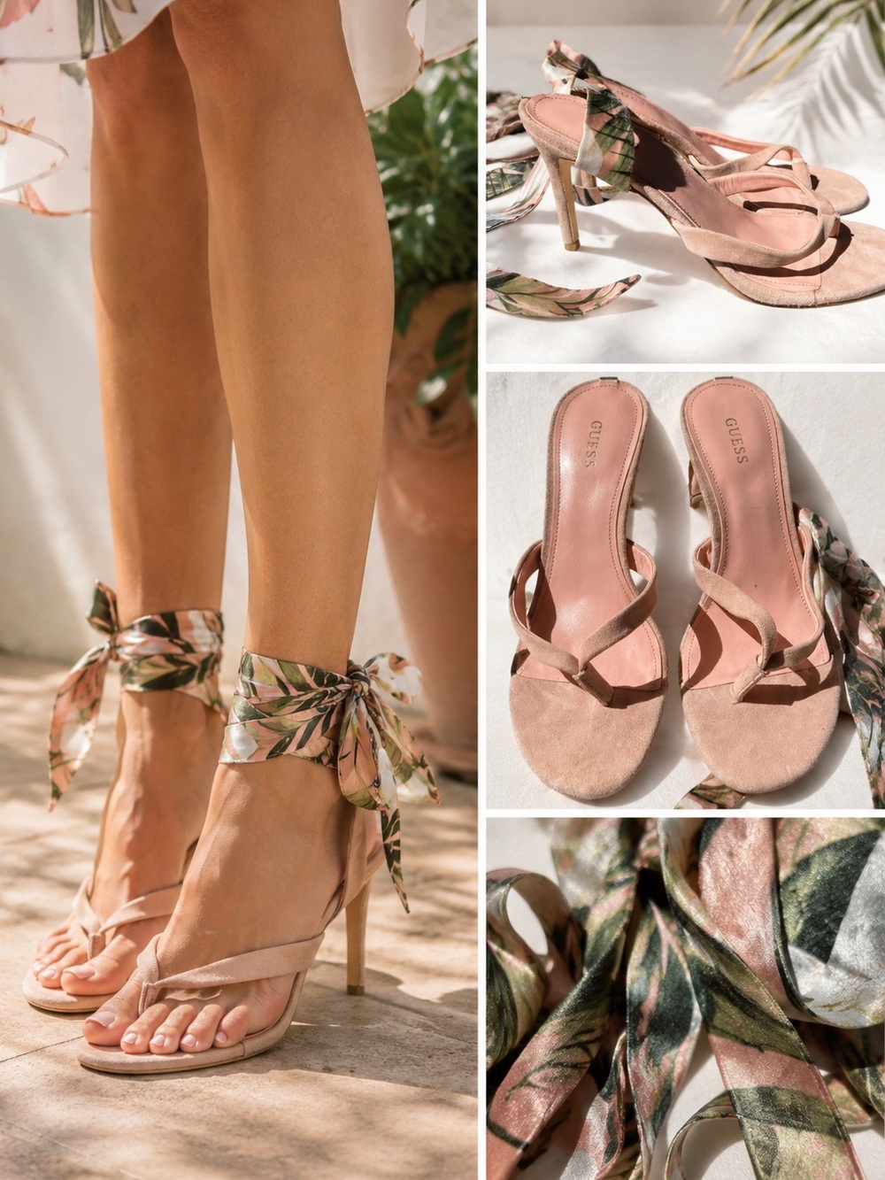 GUESS Size 7 Blush Pink Tie Up Heeled Sandals Tropical Ankle Wrap